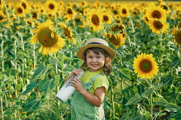Happy little girl in a field with sunflowers. - 521367637