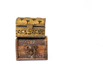 Two wooden treasure box isolate on white background, vintage style design jewelry box