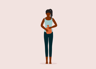 Fototapeta na wymiar One Young Black Girl Using Hot Water Bottle To Relieve Menstrual Cramp. Full Length. Flat Design Style, Character, Cartoon.