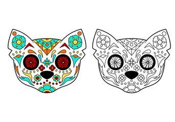 Cat sugar skull with coloring example.  Coloring book, design element for poster, card, banner, print.