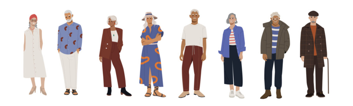 Set of stylish old people. Happy elderly men and women in trendy casual clothes. Grandparents in trendy outfits. Positive aged person. Cartoon flat vector collection isolated on white background