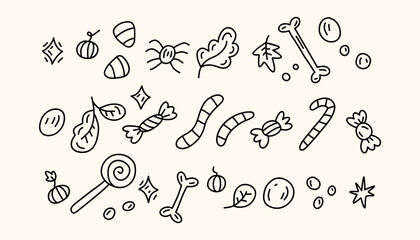 Set of Halloween doodle decorative elements. Sweets, candies, worms, pumpkins, autumn leaves, bones, sparks. For websites, stickers, social media and prints. Hand-drawn sketch doodle vector 