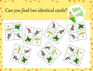 Game for children to search for identical pictures. Cartoon style. Vector illustration.