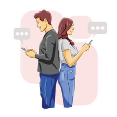 Man and Woman standing holding phone chatting messaging each others