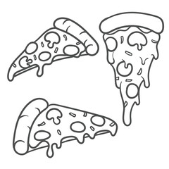 Vector illustration. Pizza slice with melted cheese and pepperoni. Hand drawn doodle. Cartoon sketch. Decoration for greeting cards, posters, emblems