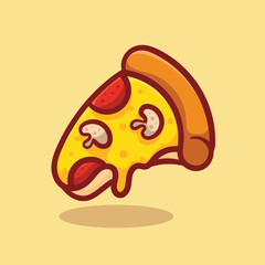 Vector illustration of delicious slice of pepperoni pizza with melted cheese, hand drawn, cartoon, flat, cute