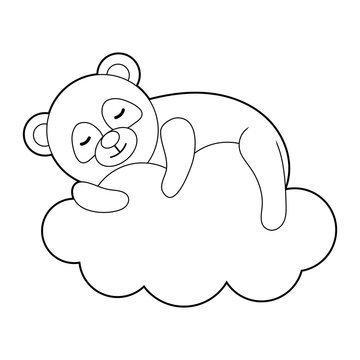 Coloring book for children. Draw a cute cartoon panda sleeping in the clouds based on the drawing. Vector isolated on a white background.
