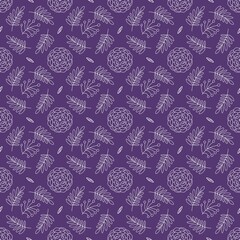 Seamless background with a pattern drawn with a white outline in the background, cones, leaves and berries, paper printing and web design