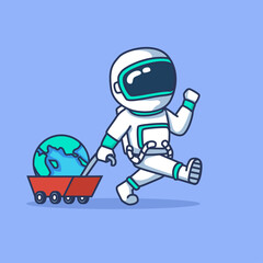 vector illustration of an astronaut pulling a toy train containing planet earth , cute chibi vector illustration