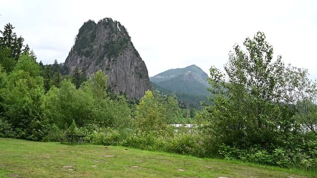 Beacon Rock is an 848-foot-tall (258 m) monolith composed of basalt on the north bank of the Columbia River.