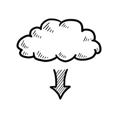 Doodle data server cloud. Hand drawn sketch style cloud, arrow for internet database, digital storage, download technology concept. Vector illustration.