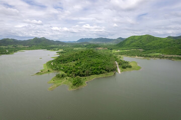 Top view from a drone of the reservoir at Huai Phak Reservoir, Tha Yang District, Phetchaburi,...