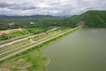 Fototapeta na wymiar Top view from a drone of the reservoir at Huai Phak Reservoir, Tha Yang District, Phetchaburi, Thailand.