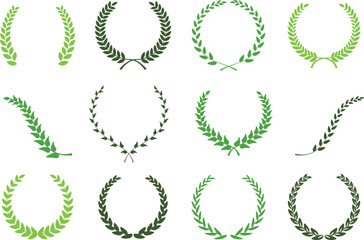 緑色の月桂冠のイラスト、バリエーションセット.