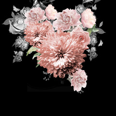 Mixed floral print design on plain ground