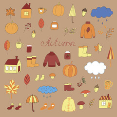 Autumn set vector illustration, hand drawing doodles colored