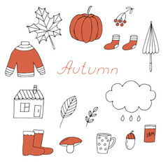 Autumn set vector illustration, hand drawing orange and outline doodles