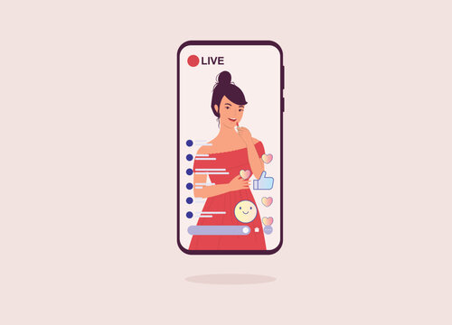 Mobile Phone Showing One Young Woman In Off Dress Top Putting Make-Up In Live Streaming While Receiving Positive Comments And Feedback. KOL. Flat Design Style, Character, Cartoon.