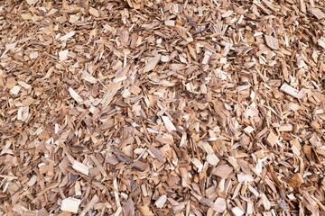piles of hardwood wood chips are stored under the canopy as solid fuel