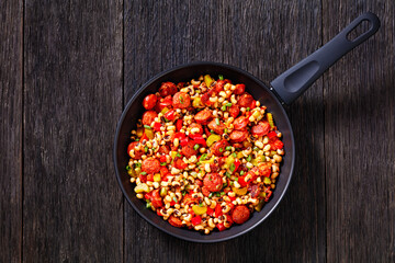 Hoppin John of black-eyed peas, veggies, sausages