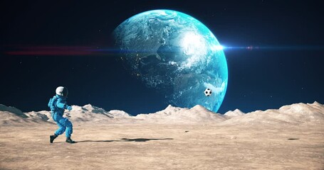 Astronaut On An Alien Planet Playing Soccer. Shooting Slowly. Space Related Majestic Scene. Slow Motion.