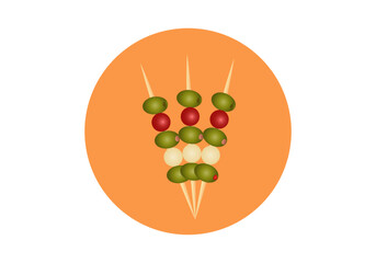 Tres banderillas o pinchos de aceitunas verdes rellenas de pimiento, de anchoa, cebolleta y tomate canario sobre círculo naranja