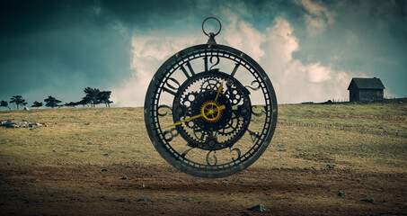 surreal steampunk style clock floating in an empty landscape ,concept of time and deadlines