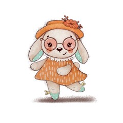 Hand drawn illustration of a cute dancing rabbit girl in a dress and hat. Whimsical  bunny character.