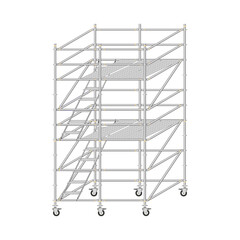Mobile scaffolding, white background, used in construction areas.