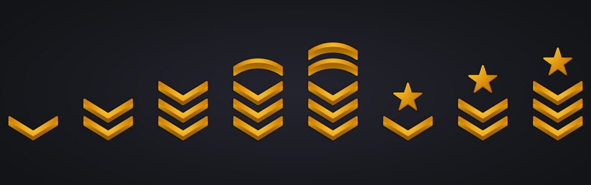 Military Insignia Soldier Sergeant, General, Major, Officer, Lieutenant, Colonel Patch Emblem. Chevron Stripes Badge Gold Symbol. Army Rank Golden Logo. Isolated Vector Illustration