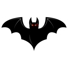 Black bat, scary red eyes, Halloween, on a white background.