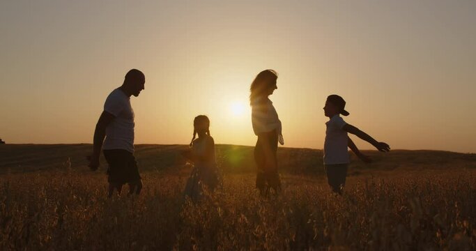 Happy family with children having fun in the field at sunset