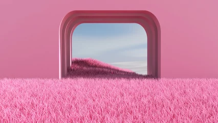 Fotobehang Fluor Roze Meadow in the room. 3D illustration, 3D rendering   © wichuda