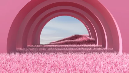 Fotobehang Fluor Roze Meadow in the room. 3D illustration, 3D rendering    © wichuda