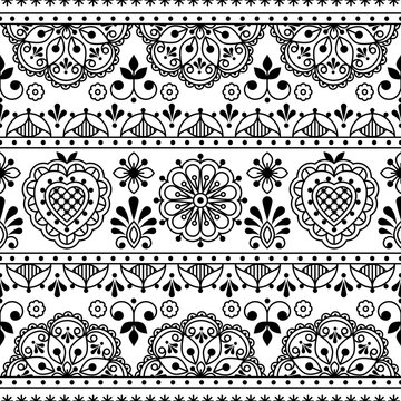 Scandinavian folk art outline vector seamless textile or fabric print, black and white repetitve design with flowers inspired by lace and embroidery backgrounds
Print