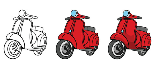 Red retro vintage scooter isolated on white background, Classic motor scooter Side View, Red scooter motorcycle, Flat style vector illustration, Red color motorcycle, Travel scooter motorcycle, © Damith
