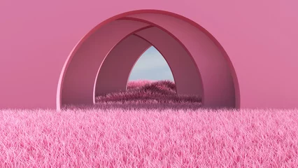 Fotobehang Fluor Roze Meadow in the room. 3D illustration, 3D rendering    © wichuda
