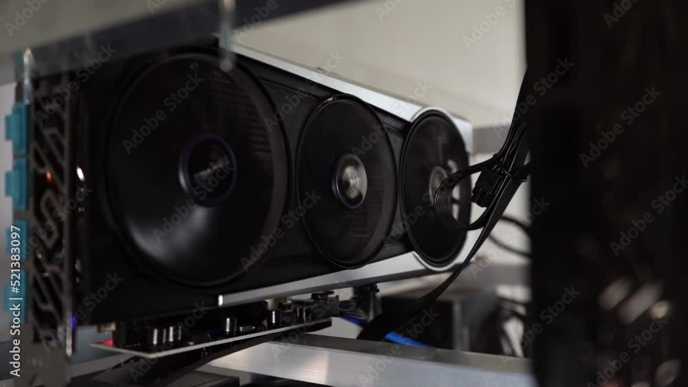 Poster close up of gpu video graphics card mining ethereum. cryptocurrency concept.