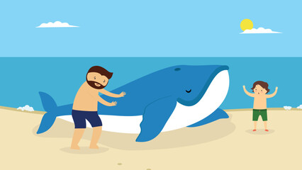 Dad with a boy on the shore pushing a whale into the sea
