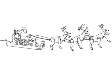 Fototapeta premium One line drawing. Vector cartoon sleigh with reindeer, Santa Claus sleigh. Christmas element with cute deers.