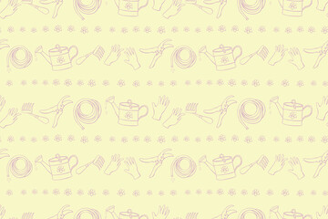 Seamless pattern with outline garden equipments: watering can, rake, hoe, gloves, pruner, hose for irrigation. Vector backgrounds and textures with tools gardening in doodle style