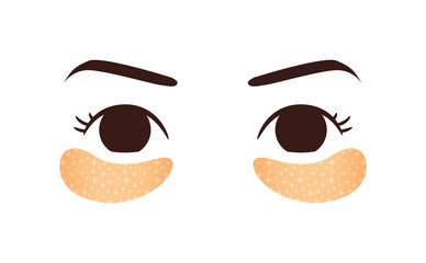 Beautiful Young Eyes and Eye Patches. Hydrogel Patches Under a Woman Eyes. Dark Circles Treatment. Flat Simple Fashion Style. White background. Vector illustration for Beauty Design.