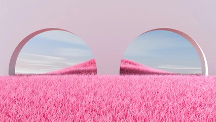 Fotobehang Fluor Roze Meadow in the room. 3D illustration, 3D rendering    © wichuda