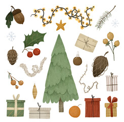 childish chrictmas and new year illustration, clipart with christmas elements, set, collection