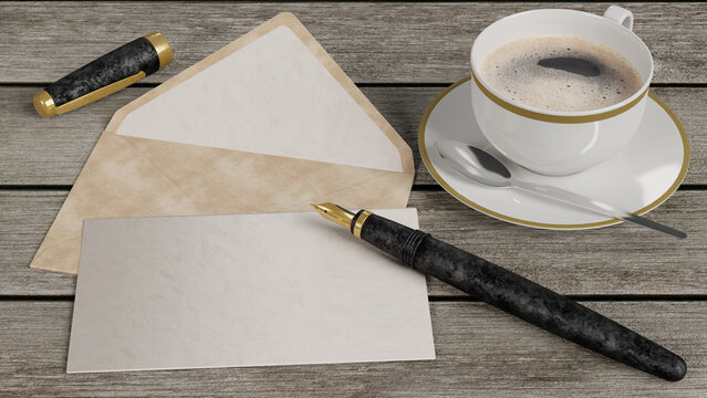 Illustrazione 3D. Appoggiati su una scrivania di legno antico una penna stilografica con biglietto, lettera vuota e spazio per scrivere. Accanto una tazza di caffè..