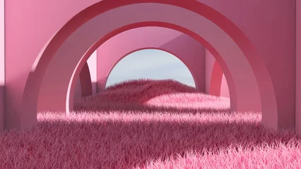 Fotobehang Fluor Roze Meadow in the room. 3D illustration, 3D rendering   © wichuda