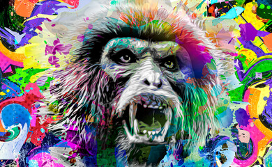 Colorful artistic monkey's head on white background with colorful creative elements color art
