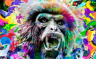 Rolgordijnen Kleurrijke artistieke aap hoofd op witte achtergrond met kleurrijke creatieve elementen kleur art © reznik_val