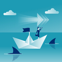 Business risk. Way to success. Obstacle on road. Search solution. Businessman standing on paper ship look in telescope, seeing future. Vector illustration flat design. Dangers on the way to success.