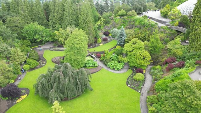 Drone shot of the greenery in Queen Elizabeth Park - Vancouver, BC, Canada
